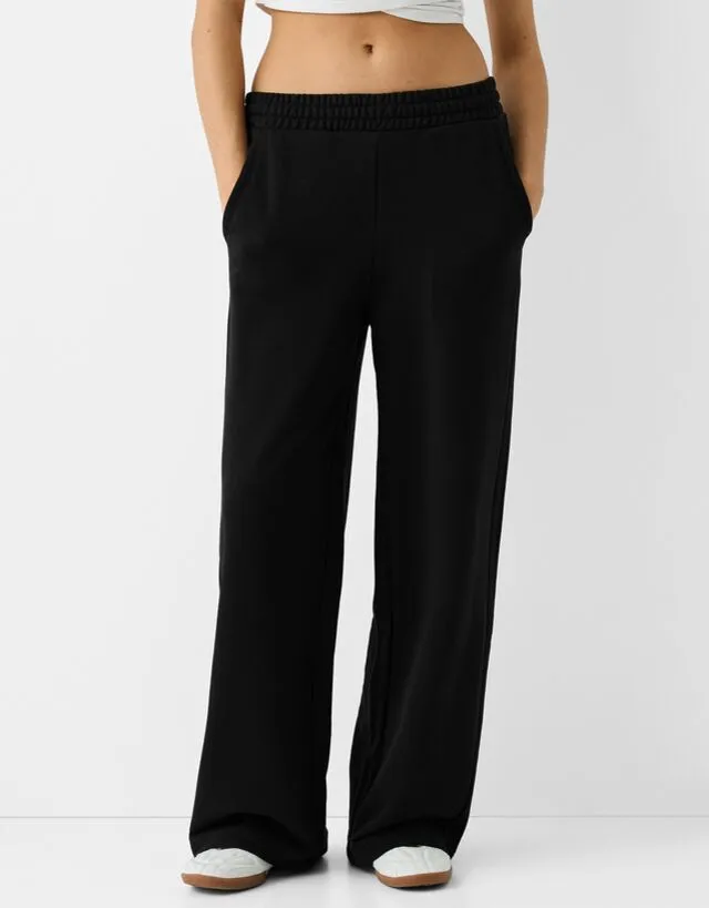 Bershka Pantaloni Wide Leg Felpa Donna L Nero