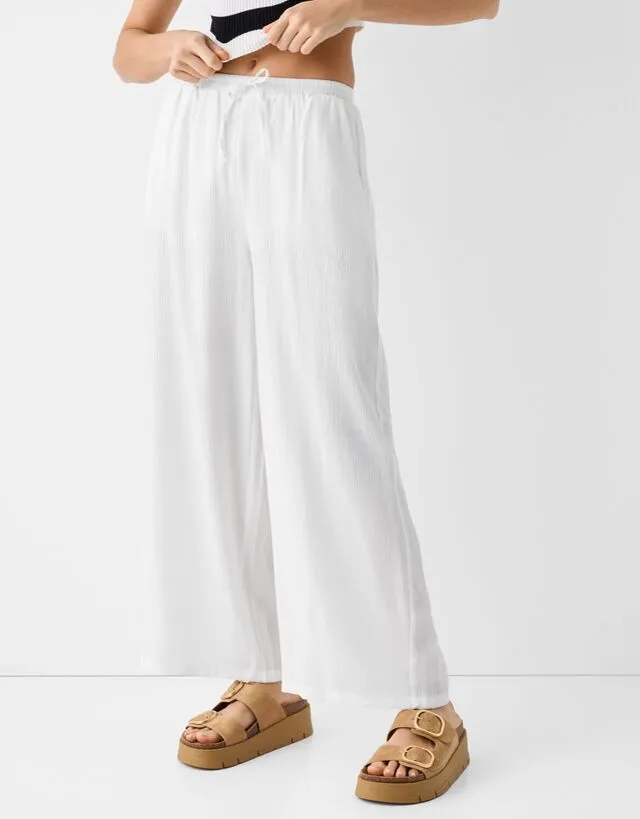 Bershka Pantaloni Culotte Crêpe Donna S Bianco