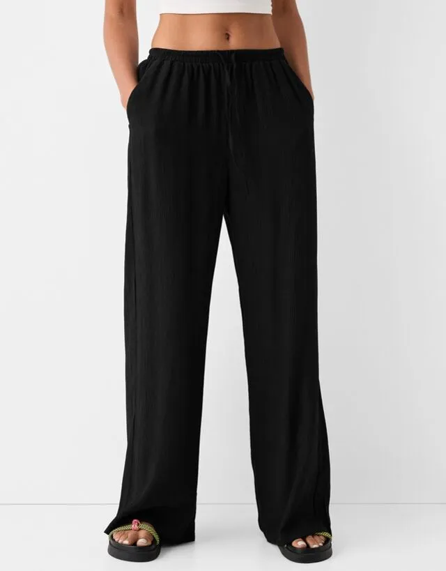 Bershka Pantaloni Crêpe Vita Elasticizzata Donna Xs Nero