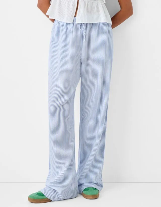 Bershka Pantaloni Straight Fit In Misto Lino Con Vita Elasticizzata Donna Xs Azzurro Chiaro