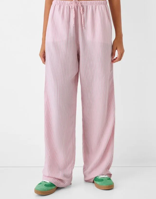 Bershka Pantaloni Straight Fit In Misto Lino Con Vita Elasticizzata Donna S Rosa