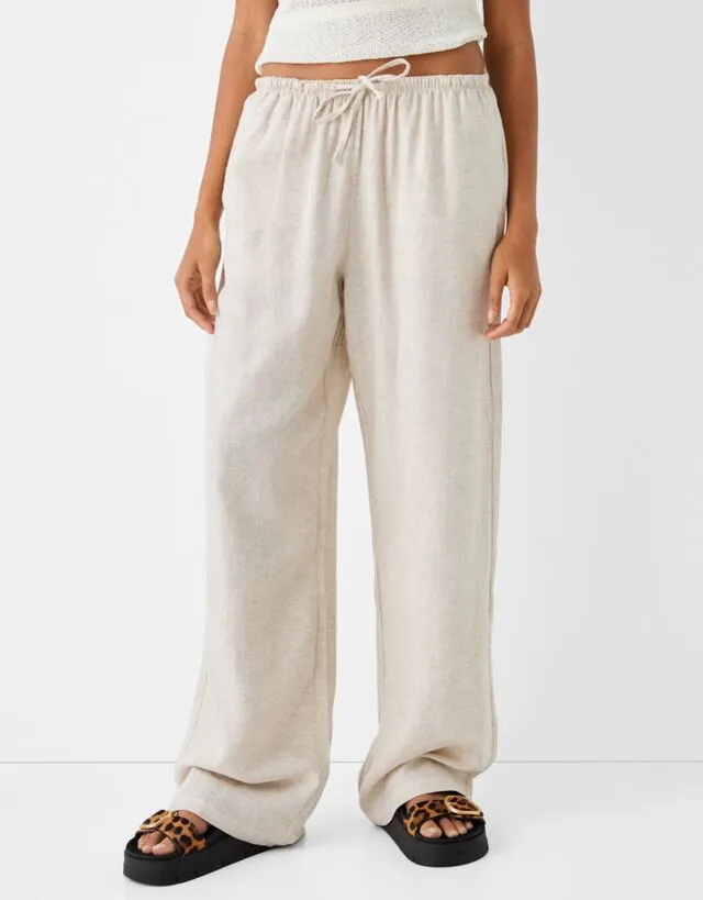 Bershka Pantaloni Straight Fit In Misto Lino Con Vita Elasticizzata Donna Xs Avorio