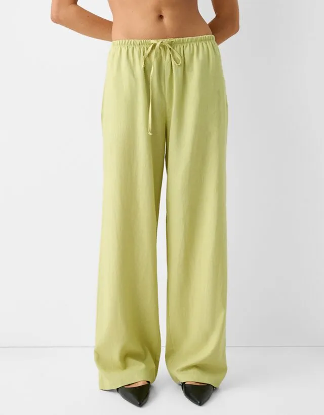 Bershka Pantaloni Straight Fit In Misto Lino Con Vita Elasticizzata Donna Xs Verde