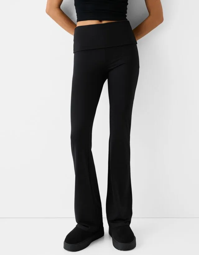 Bershka Pantaloni Flare Con Risvolto In Vita Donna Xs Nero