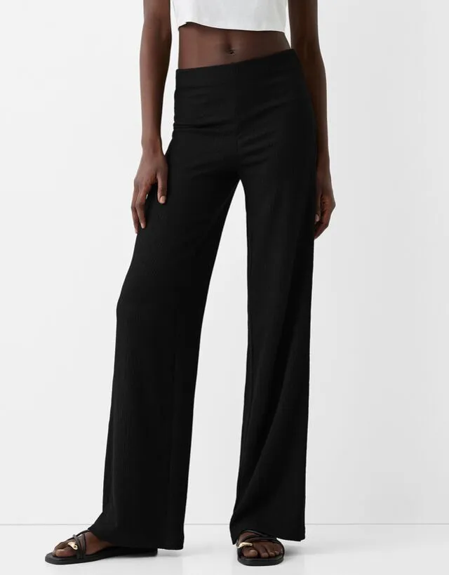 Bershka Pantaloni Wide Leg Goffrati Donna Xs Nero