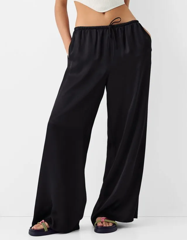 Bershka Pantaloni Wide Leg Satin Donna M Nero