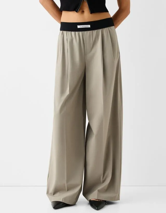 Bershka Pantaloni Wide Leg Tailored Fit Vita Elasticizzata Donna M Kaki