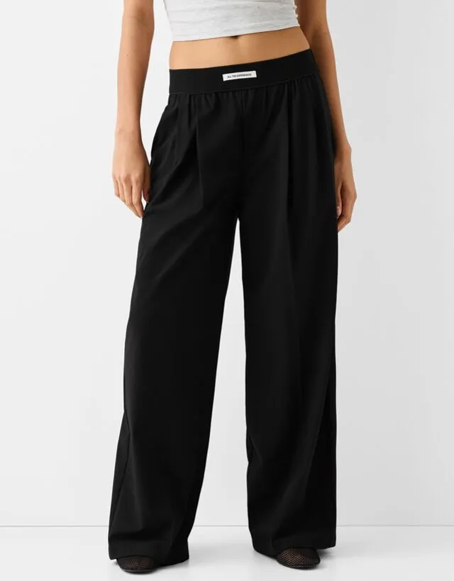 Bershka Pantaloni Wide Leg Tailored Fit Con Vita Elasticizzata Donna Xl Nero