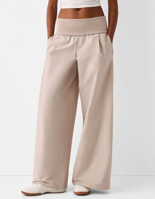 Bershka Pantaloni Wide Leg Con Risvolto In Vita Donna Xl Pietra