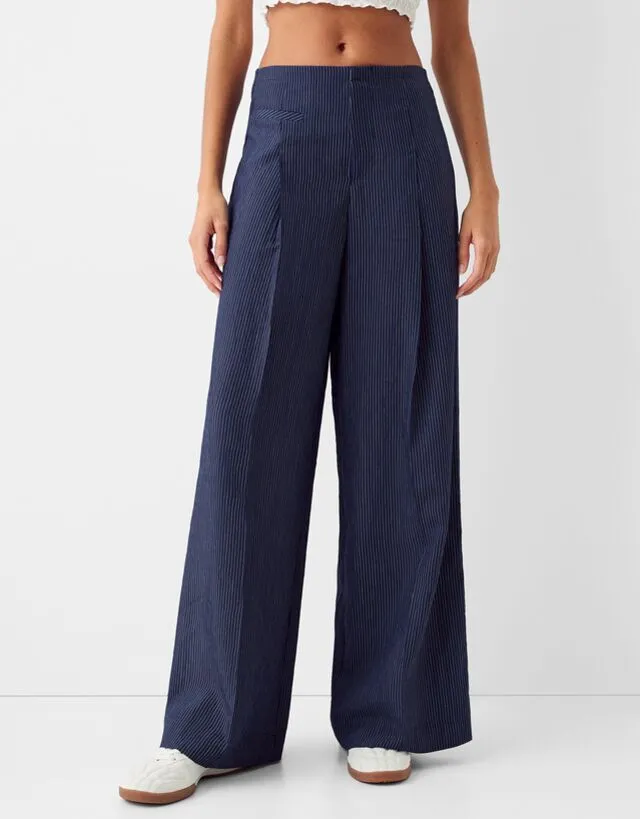 Bershka Pantaloni Wide Leg Con Cintura Donna 42 (Eu 38) Azzurro