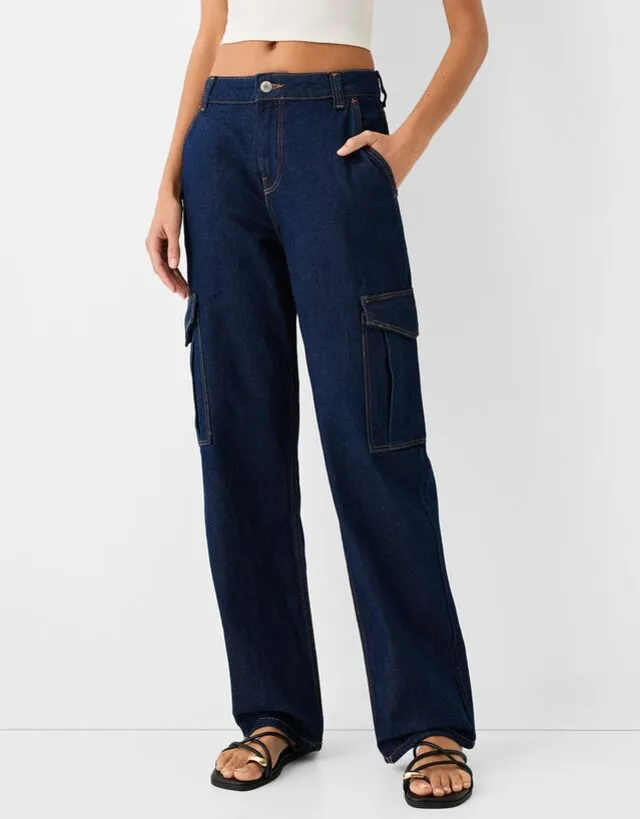 Bershka Jeans Straight Cargo Donna 10-12 Azzurro