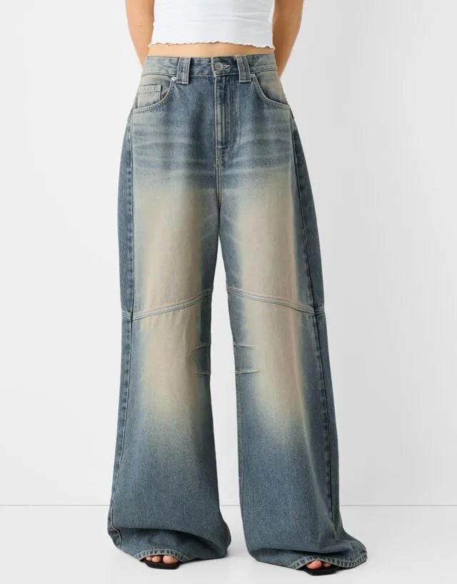 Bershka Jeans Mega Baggy Con Ricamo Donna 40 (Eu 36) Azzurro Lavato