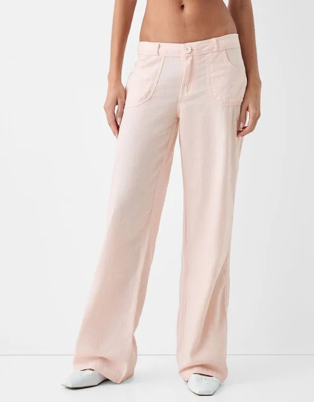 Bershka Pantaloni In Misto Lino Donna 38 (Eu 34) Rosa