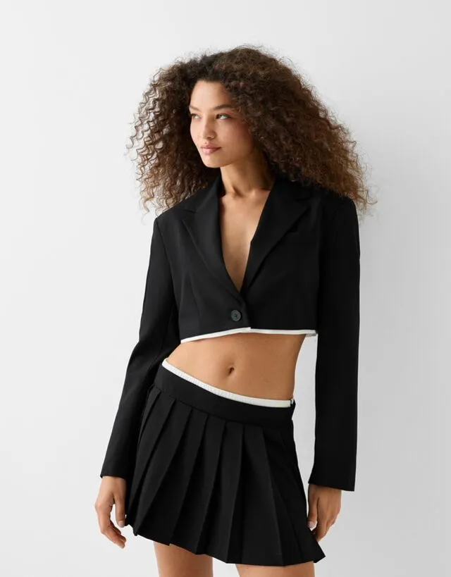 Bershka Blazer Cropped Con Dettaglio In Popeline Donna S Nero