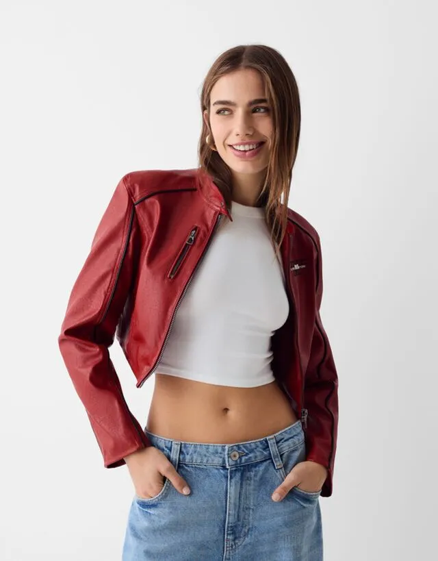 Bershka Giacca In Finta Pelle Con Ricamo Donna Xs Granato