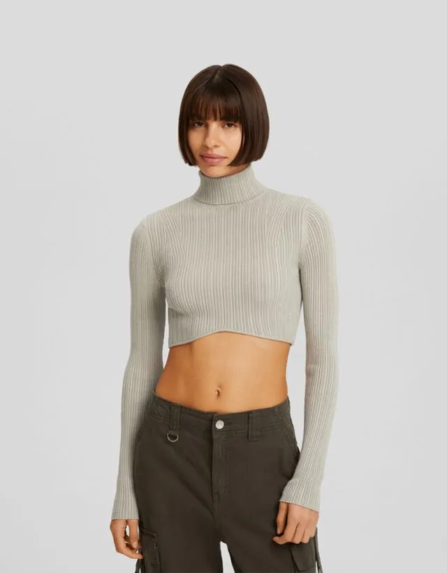 Bershka Maglia Cropped Collo Alto A Coste Donna M Kaki