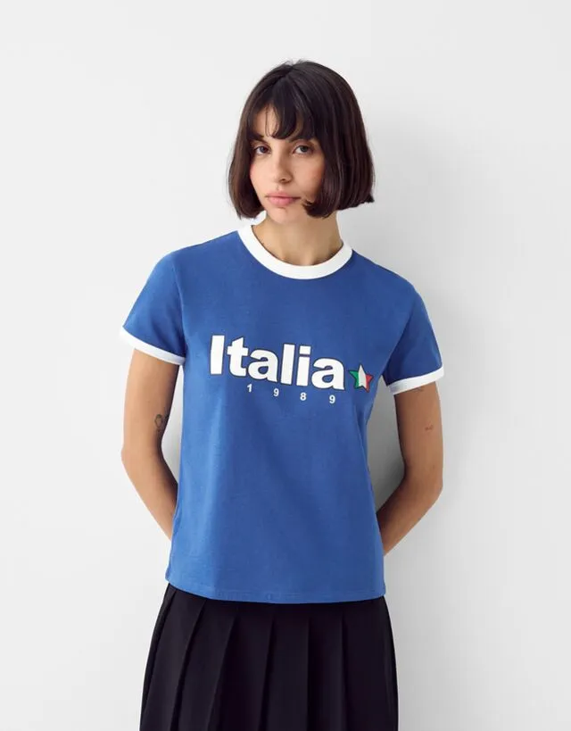 Bershka Maglietta Maniche Corte Stampa Donna S Azzurro Lavato