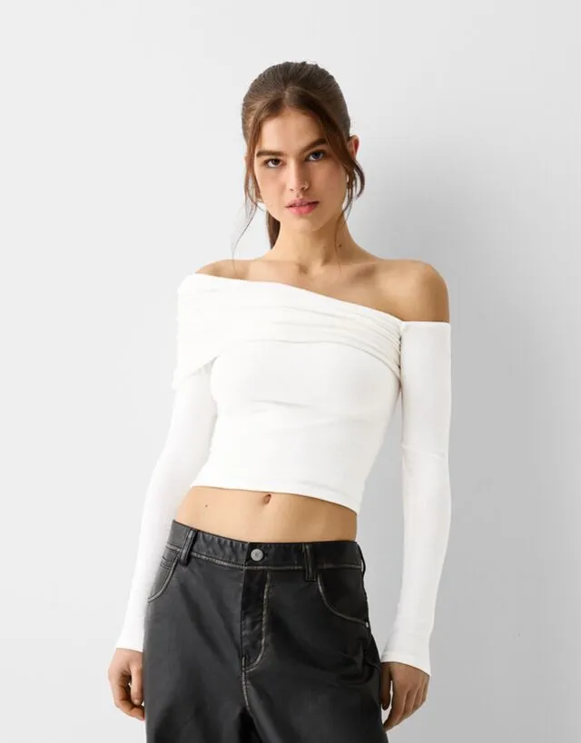 Bershka Maglietta Manica Lunga Asimmetrica Donna L Bianco Roto