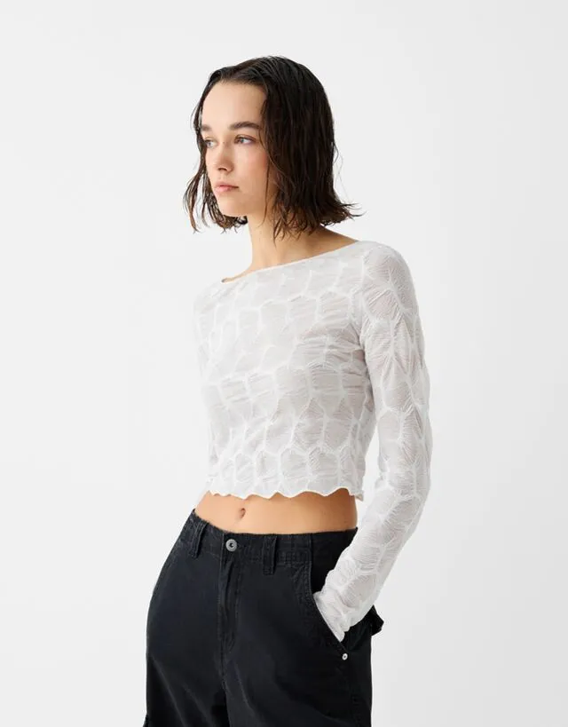 Bershka Maglietta A Maniche Lunghe Bardot Con Texture Donna L Bianco Roto