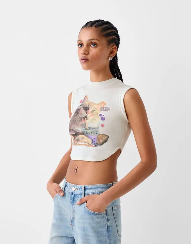 Bershka Top Senza Maniche Con Stampa E Strass Donna L Bianco Roto