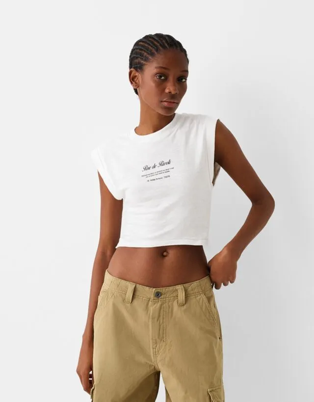 Bershka Maglietta Senza Maniche Con Stampa Donna L Bianco Roto