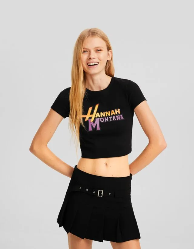 Bershka Maglietta Con Stampa Hannah Montana A Maniche Corte Cropped Donna L Nero