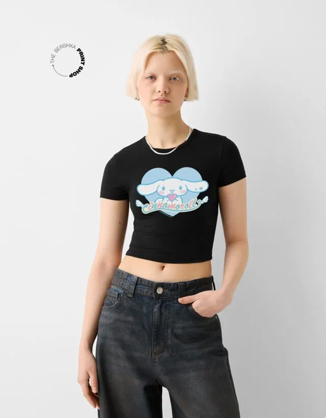 Bershka Maglietta Con Stampa Cinnamoroll A Maniche Corte Cropped Donna Xl Nero