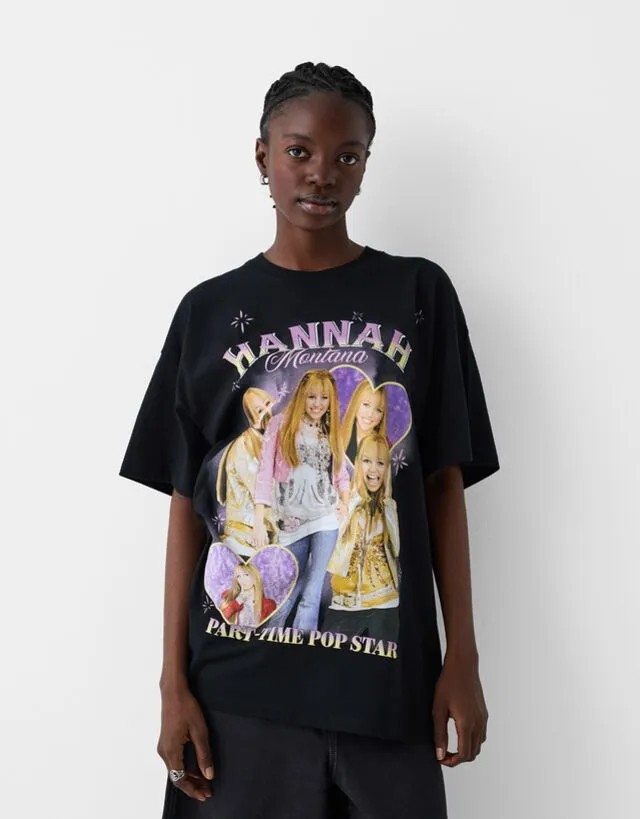 Bershka Maglietta Con Stampa Hannah Montana A Maniche Corte Donna M Nero