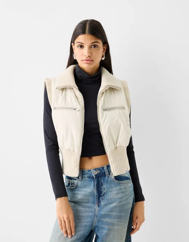 Bershka Gilet Combinato A Coste Con Cerniera Donna Xs Avorio