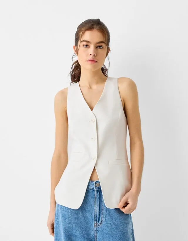 Bershka Gilet Lungo 4 Bottoni Donna M Bianco