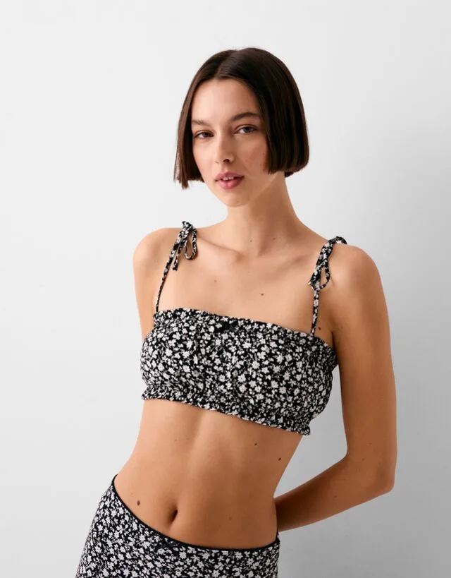 Bershka Top Bralette Con Spalline E Stampa Donna S Bianco / Nero