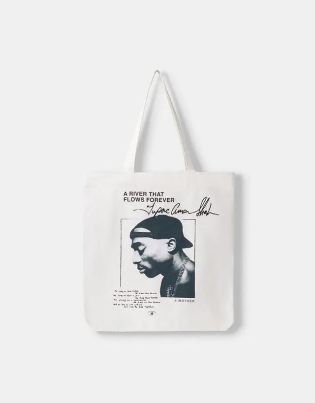 Bershka Borsa Shopper Con Stampa Tupac Donna Bianco