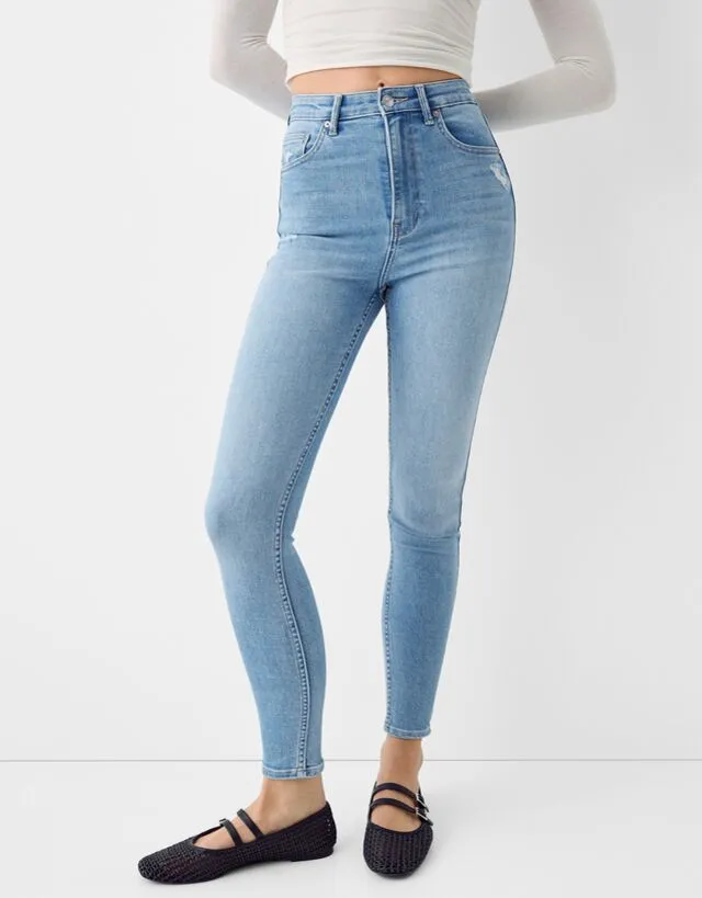 Bershka Jeans Skinny Fit Super High Waist Donna 44 (Eu 40) Azzurro Chiaro