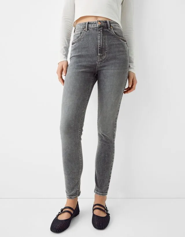 Bershka Jeans Skinny Fit Super High Waist Donna 36 (Eu 32) Grigio