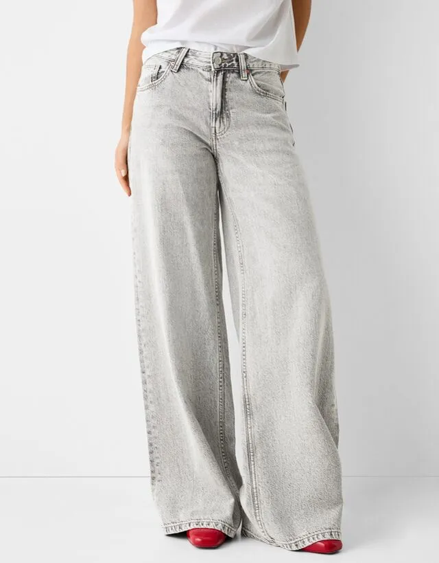 Bershka Jeans Wide Leg Donna 40 (Eu 36) Grigio