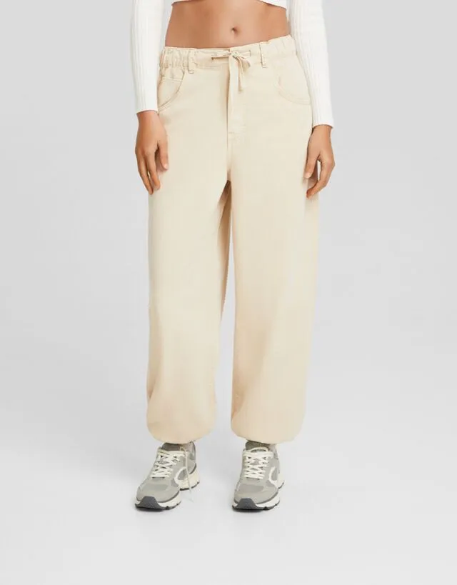 Bershka Pantaloni Jogger Cotone Laccio Donna 10-12 Sabbia