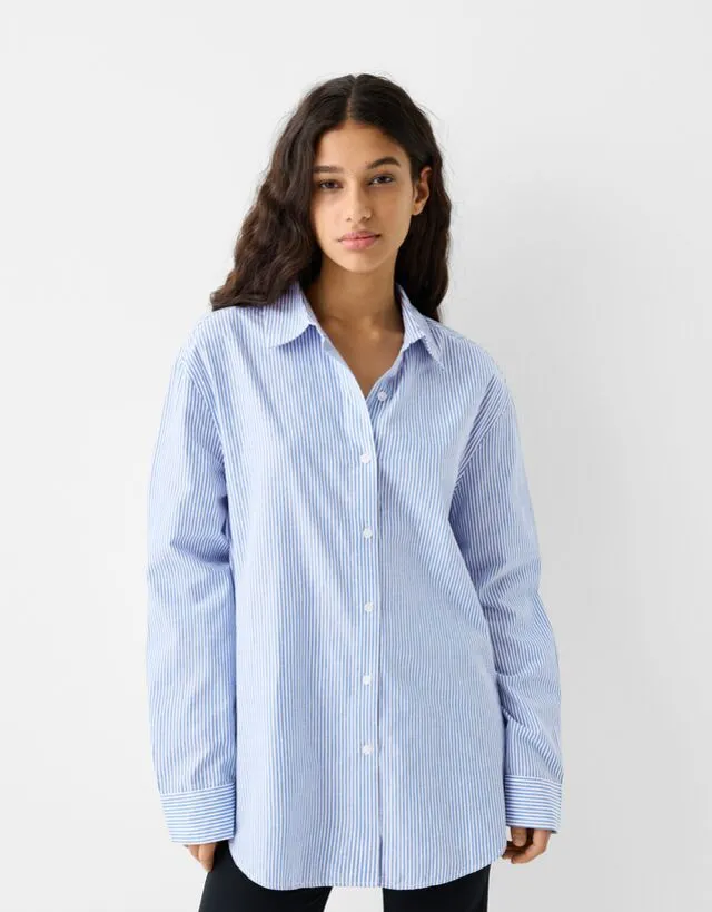 Bershka Camicia A Maniche Lunghe Popeline Righe Donna M Azzurro