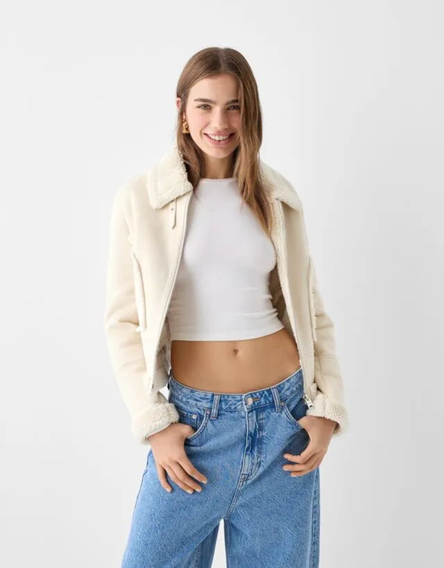 Bershka Giubbotto Double Face Cropped Effetto Scamosciato Donna S Avorio