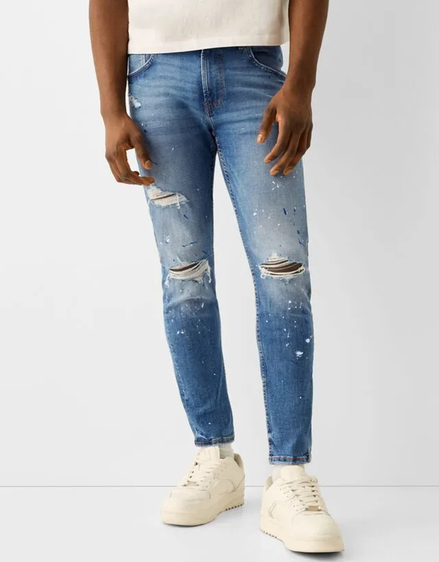 Bershka Jeans Skinny Fit Strappati Effetto Pittura Uomo 54 (Eu 48) Azzurro