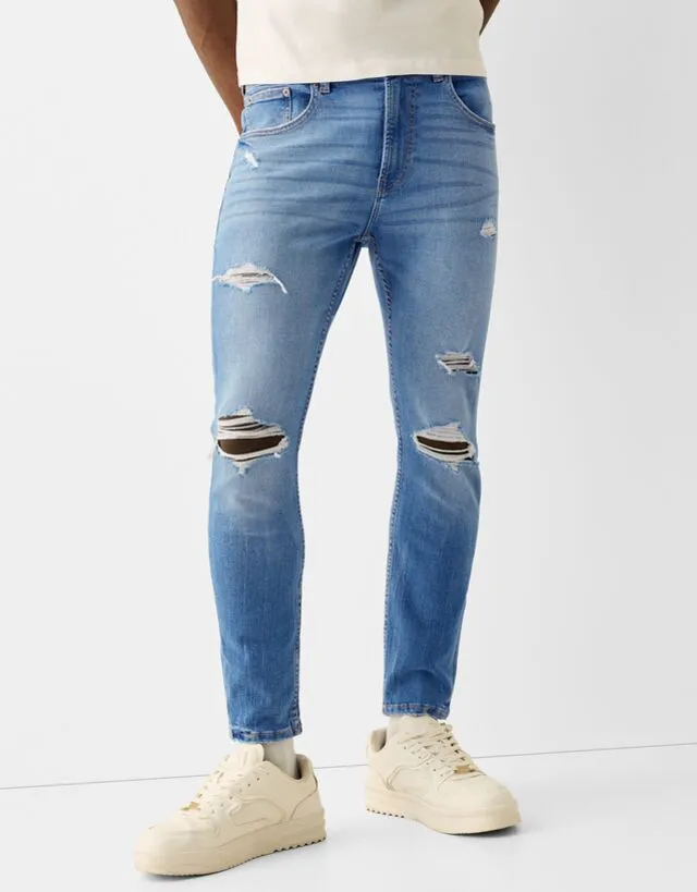 Bershka Jeans Skinny Strappi Uomo 46 (Eu 40) Azzurro Lavato