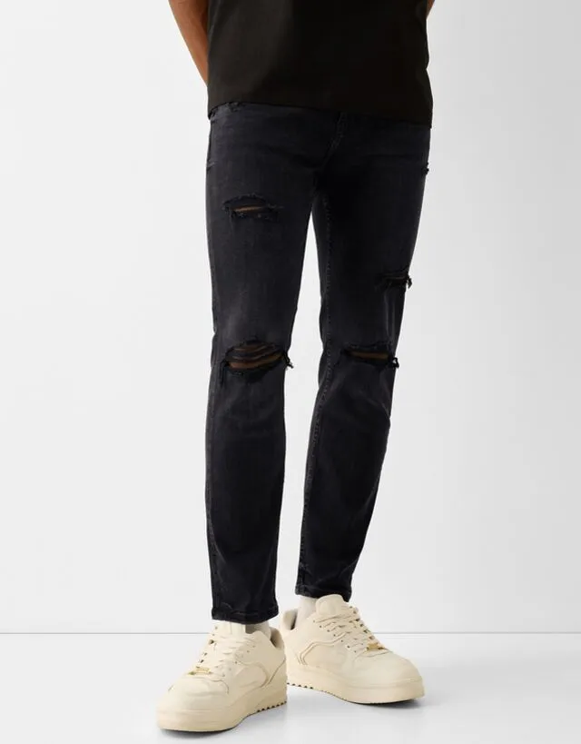 Bershka Jeans Skinny Strappi Uomo 46 (Eu 40) Nero