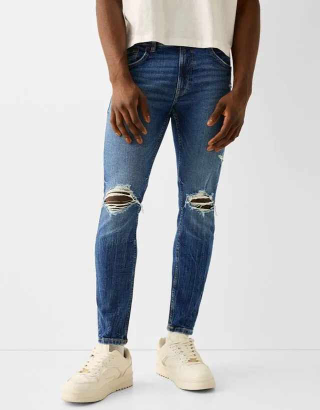 Bershka Jeans Skinny Strappi Uomo 52 (Eu 46) Azzurro