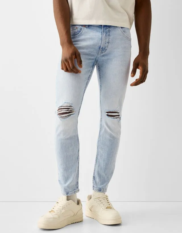 Bershka Jeans Skinny Strappi Uomo 52 (Eu 46) Azzurro Chiaro