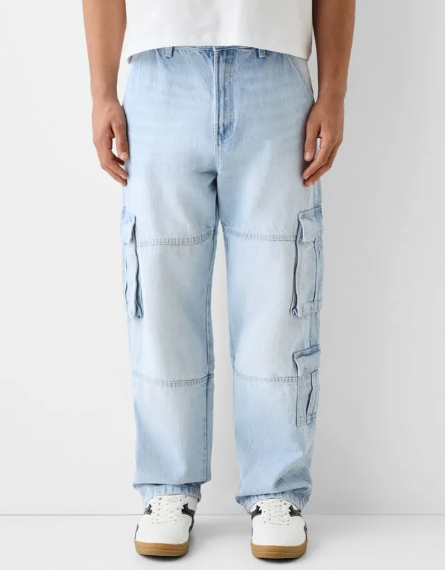 Bershka Jeans Cargo Baggy Uomo 48 (Eu 42) Azzurro Chiaro