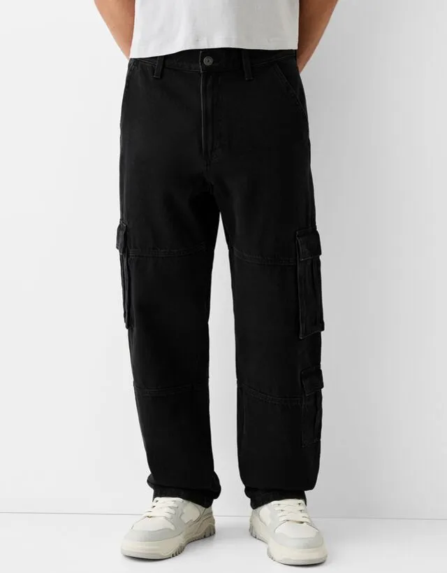 Bershka Jeans Cargo Baggy Uomo 44 (Eu 38) Nero