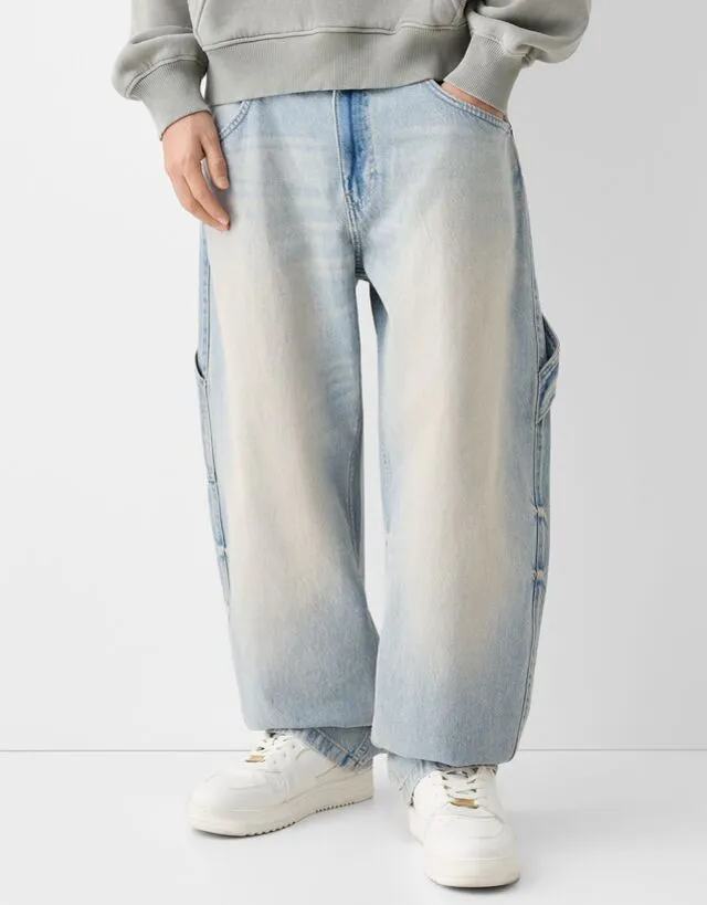 Bershka Jeans Carpenter Balloon Fit Uomo 32 Azzurro Lavato