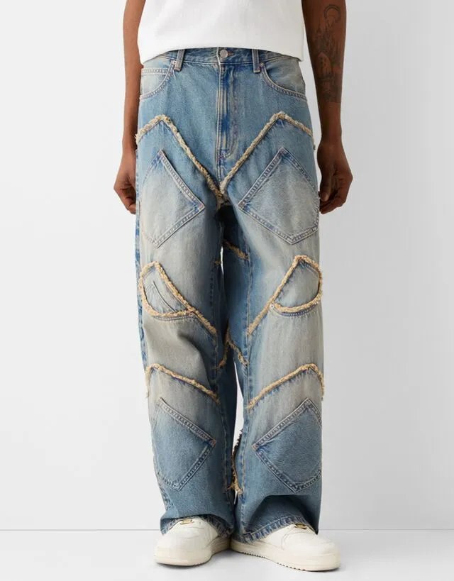 Bershka Jeans Super Baggy Toppe Uomo 46 (Eu 40) Azzurro Lavato