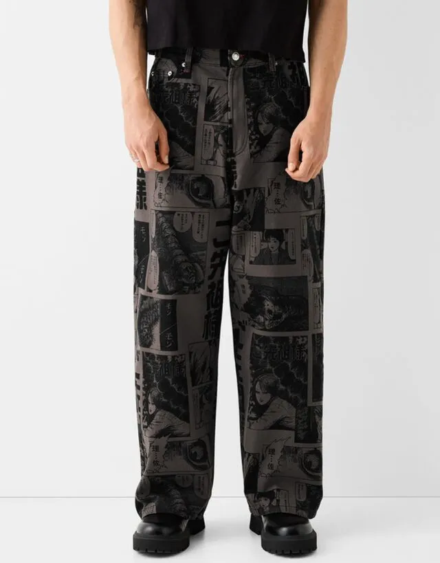 Bershka Jeans Con Stampa Junji Ito Baggy Uomo 50 (Eu 44) Nero