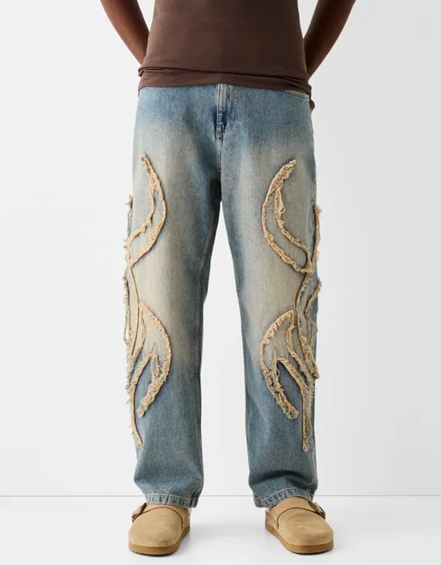 Bershka Jeans Baggy Con Toppe Uomo 40 (Eu 34) Azzurro Chiaro