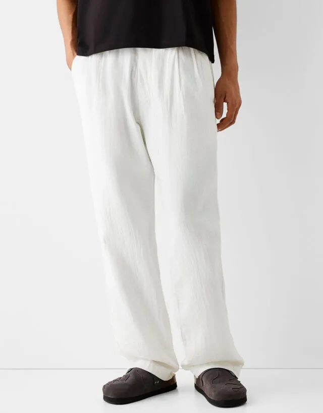 Bershka Pantaloni Wide Leg Semplici Con Texture Uomo S Bianco Roto